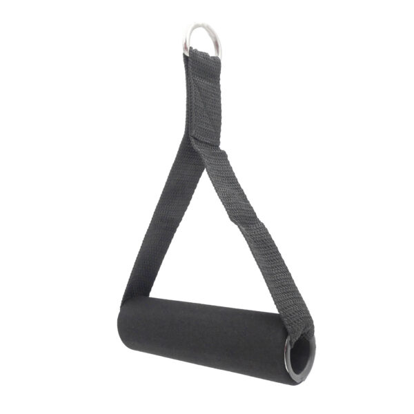 The Nylon Stirrup Handle is a black resistance band handle with a foam grip, a sturdy nylon strap, and an attachment-ready metal ring.