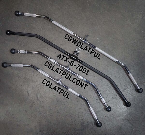 Four metal gym attachment bars, including the ATX® Lat Bar Blackline, are arranged on a dark floor. Labeled CGWDLATPUL, ATX-G-7001, CGLATPULCONT, and CGLATPUL, each bar has rubber end caps and unique curvatures for different workout exercises.