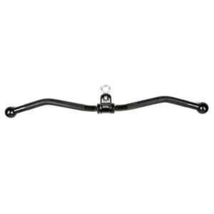 The ATX® EZ Curl Rotational Blackline is a black metal gym cable attachment with ergonomic handles and a central swivel. Designed for weight machines, it provides seamless rotation and versatile grip positions for an enhanced workout experience.