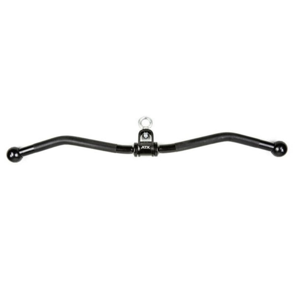 The ATX® EZ Curl Rotational Blackline is a black metal gym cable attachment with ergonomic handles and a central swivel. Designed for weight machines, it provides seamless rotation and versatile grip positions for an enhanced workout experience.