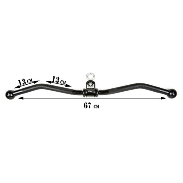 The ATX® EZ Curl Rotational Blackline bar is 67 cm long, featuring 13 cm marked segments on both ends, a center hook for easy attachment, and ball-shaped grips on its curved ends to ensure a versatile and comfortable workout.