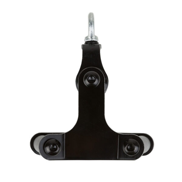 The ATX® Lat Bar Blackline, made of black metal, features a sturdy bracket with a top hook, three bolted joints, and dual horizontal base extensions. Its industrial design is perfect for lifting tasks and stands out against a plain white background.