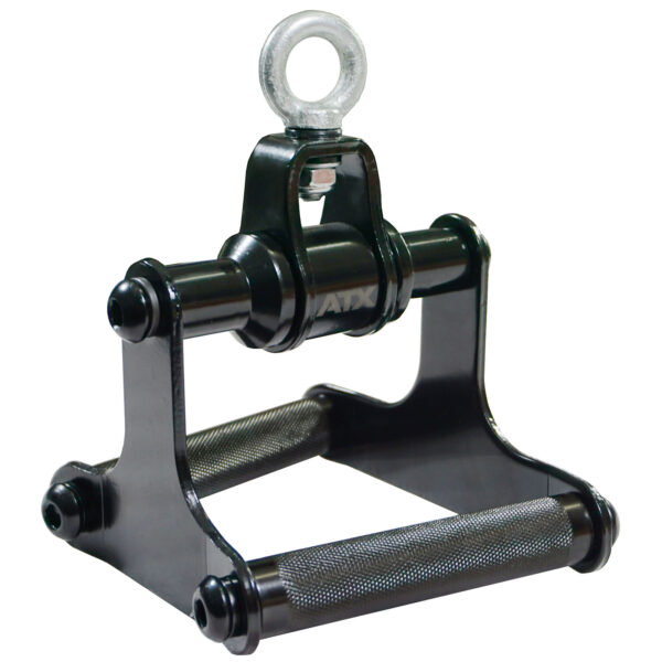 The ATX® Lat Bar Blackline is a black metal gym cable attachment featuring a knurled grip handle and a metal ring for connecting to equipment, designed for exercises such as seated rows or lat pulldowns.