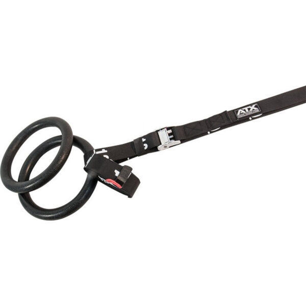 The ATX® Plastic Gym Rings, in black, are attached to an adjustable black strap with a metal buckle, shown coiled beside the rings. They are commonly used for strength training and gymnastics exercises.