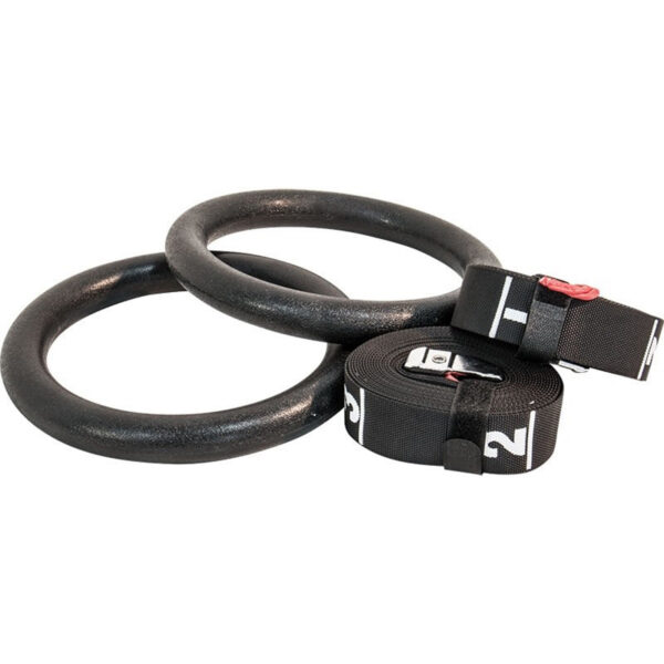 ATX® Plastic Gym Rings in black featuring adjustable numbered straps and red buckles, set against a white background.