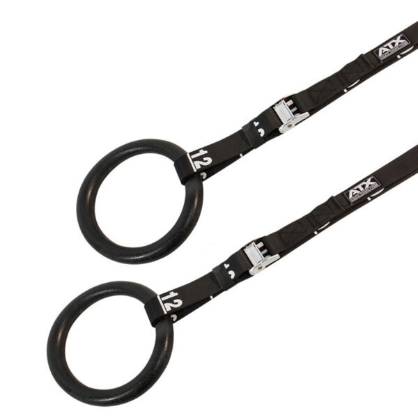 The ATX® Plastic Gym Rings come in black with adjustable straps and metal buckles, featuring measurement markings for precise length adjustments. Ideal for exercises and fitness training.