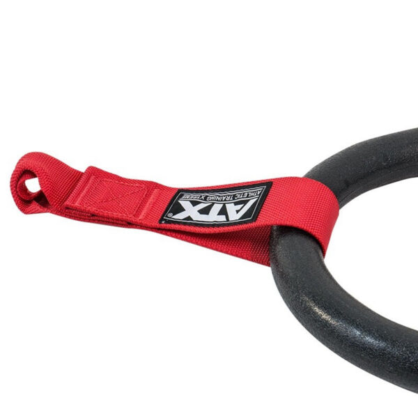 Close-up of the ATX® Gym Ring Option, featuring a black ring with an attached red nylon strap labeled ATX.
