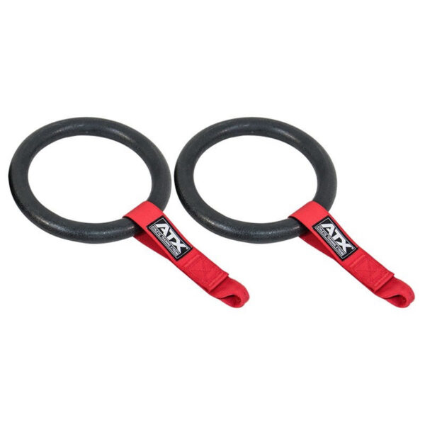 Two ATX® black gymnastic rings with red straps are designed for exercise and strength training, lying side by side on a white background.