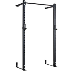 The ATX® Wall Mounted Squat Rack features adjustable height, sturdy metal construction, and multiple holes for customization in sleek black. Ideal for home gym and fitness training.