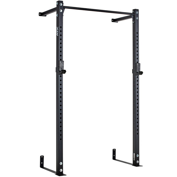 The ATX® Wall Mounted Squat Rack features adjustable height, sturdy metal construction, and multiple holes for customization in sleek black. Ideal for home gym and fitness training.