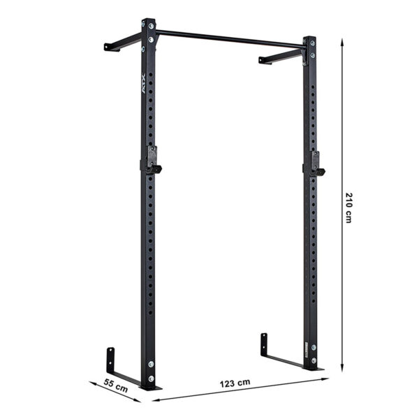 The ATX® Wall Mounted Squat Rack is a sturdy black metal pull-up bar and frame with dimensions of 210 cm (H) x 123 cm (W) x 55 cm (D), making it perfect for gyms or home workout spaces.