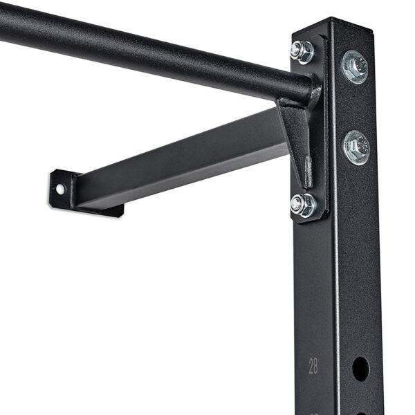 Close-up of a black metal pull-up bar mounted on a steel frame, secured with bolts and screws. Its sturdy design suggests integration with the ATX® Wall Mounted Squat Rack, perfect for fitness or exercise purposes.