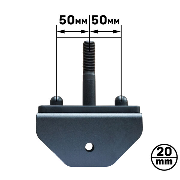 The ATX® PRX Jammer Arms image features a black metal bracket with a central threaded rod, revealing a 50mm distance on each side of the rod from the top view. A circular badge at the bottom right displays 20 mm.