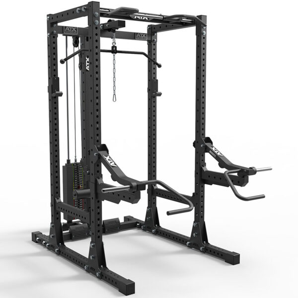 The ATX® PRX Jammer Arms is a black multi-functional power rack featuring adjustable weight stacks, pull-up bar, and dip handles. Its robust, modular design suits various strength training exercises in a gym setting.