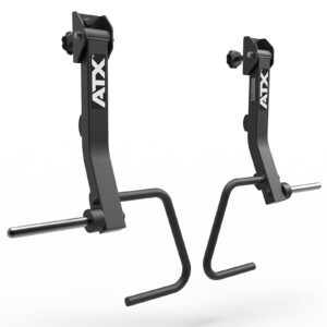 The ATX® PRX Jammer Arms are black, adjustable wall-mounted gym brackets with a curved metal arm for holding barbells or similar fitness gear.