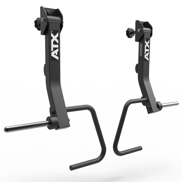 The ATX® PRX Jammer Arms are black, adjustable wall-mounted gym brackets with a curved metal arm for holding barbells or similar fitness gear.