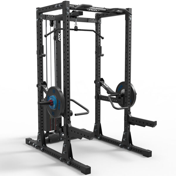 The ATX® PRX Jammer Arms is a black power rack with various attachments including weight plates and a cable system, featuring multiple handles for pull-ups. Its versatile design is sturdy, making it ideal for both home and gym use.