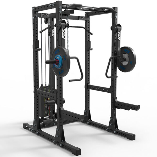 The ATX® PRX Jammer Arms is a black power rack with adjustable components, two weight stacks, a pull-up bar, and blue weight plates. It is sturdy and ideal for various strength training exercises.
