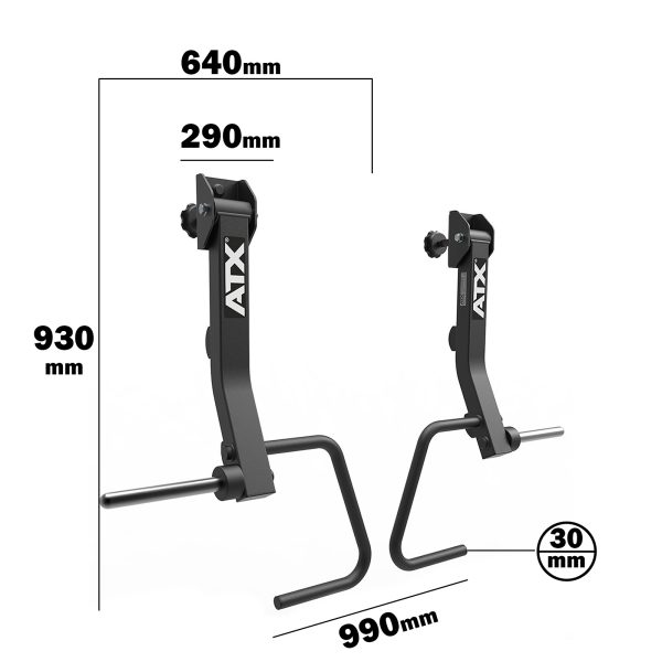 The ATX® PRX Jammer Arms are a pair of black metal hooks with heights of 930mm and 990mm, featuring horizontal arms measuring 290mm and 30mm, respectively.