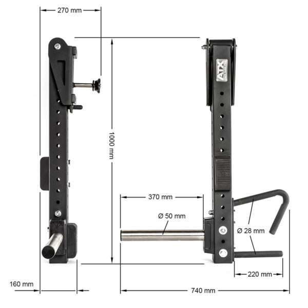 The ATX® Jammer Arms are adjustable squat rack attachments, featuring multiple holes for height adjustments and metal support bars. The side-by-side comparison highlights dimensions in millimeters for various parts.