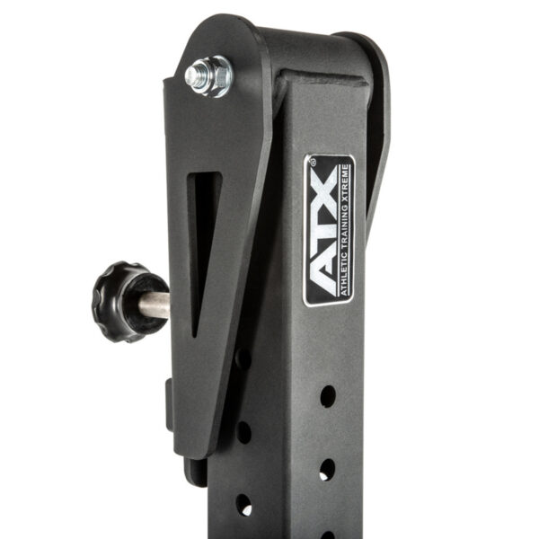 Close-up of a black metal adjustable fitness equipment bracket with a knob and bolt for securing, labeled ATX® Jammer Arms on its side.