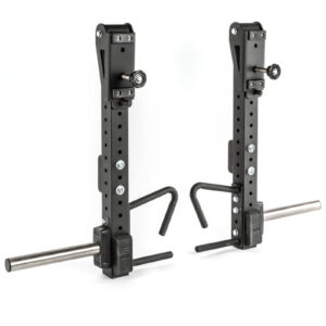 The ATX® Jammer Arms are adjustable black metal weightlifting rack attachments with multiple screw holes for height adjustments. Each arm features a hook and a horizontal silver bar, perfect for organizing weights or gym equipment.