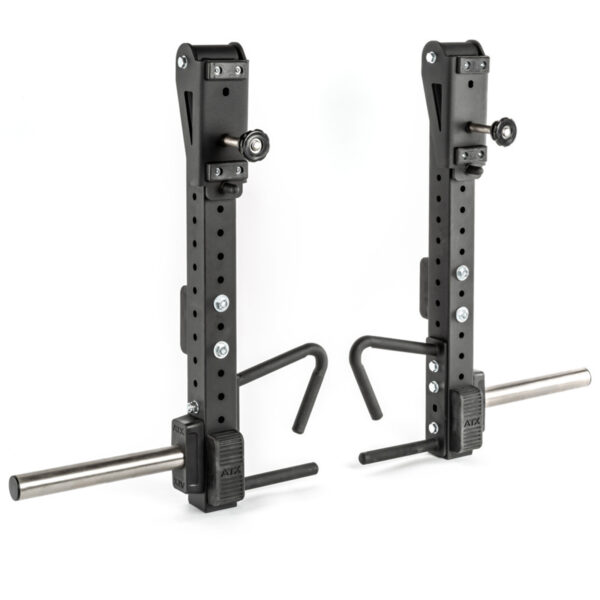 The ATX® Jammer Arms are adjustable black metal weightlifting rack attachments with multiple screw holes for height adjustments. Each arm features a hook and a horizontal silver bar, perfect for organizing weights or gym equipment.