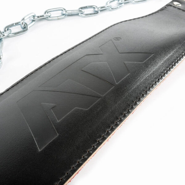Close-up of the ATX® Leather Dip Belt, a black leather belt featuring ATX embossing. Its attached to a metal chain, perfect for enhancing your weightlifting routine.