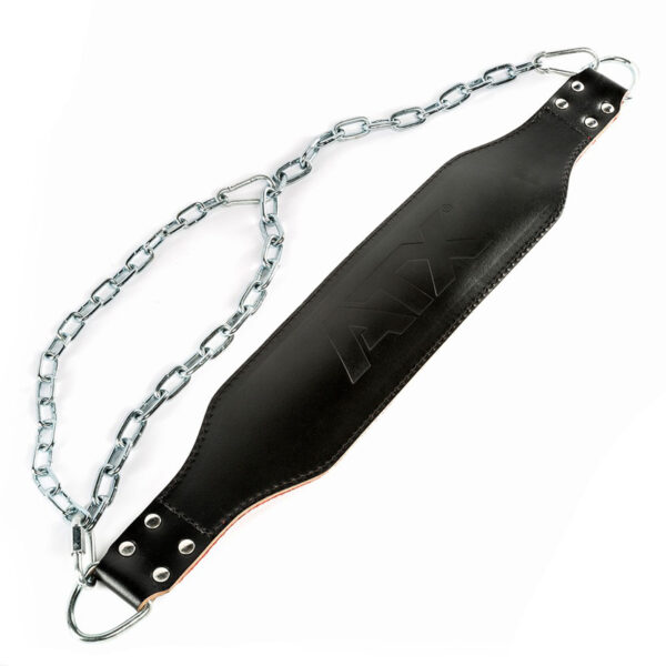 The ATX® Leather Dip Belt is black leather with a chain at both ends, ideal for adding weight during exercises. It features embossed branding and sturdy metal rings that securely attach the chain, ensuring durability and performance.