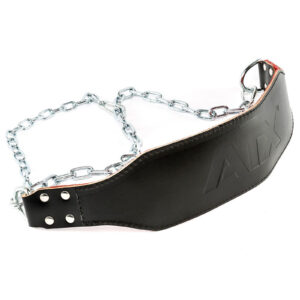 The ATX® Leather Dip Belt is a black leather dip belt featuring a chain and silver studs, with ADX embossed on its surface. The securely attached chain is ideal for adding extra weights to enhance your workouts.