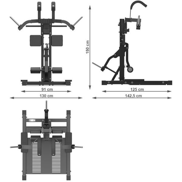 The illustration depicts the ATX® Leg Master gym machine with front, side, and top views. Dimensions (cm) are: height 160, widths 130 and 142.5, depths 91 and 125, highlighting its detailed design and functionality for superior leg workouts.
