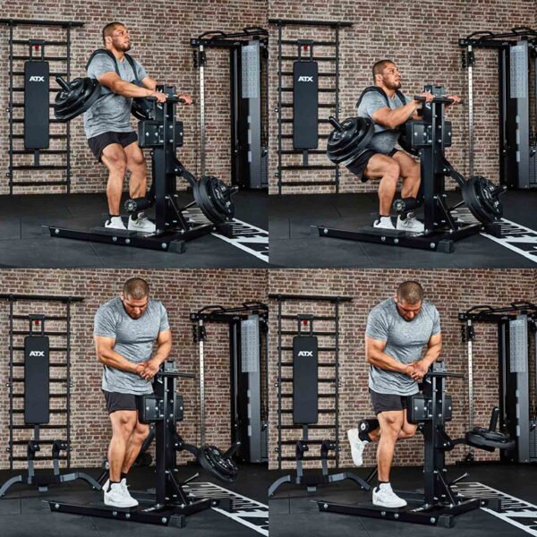 A man expertly demonstrates a standing calf raise with the ATX® Leg Master. Four images capture each stage from start to peak. Dressed in a gray shirt and black shorts, he epitomizes strength and focus, akin to mastering a standing leg curl.