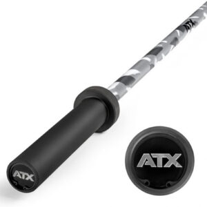 The ATX® Olympic 150cm Barbell Camo features a camo design and black end caps with ATX lettering. Displayed from a slightly angled top-down view, the barbell includes an inset circle highlighting the logo.