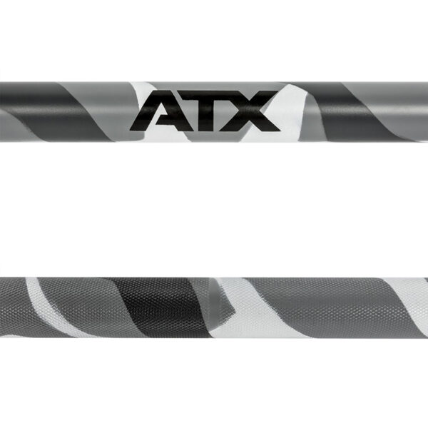 A close-up shows an ATX® Olympic 150cm Barbell Camo, featuring a gray, white, and black camouflage design and the text ATX in black.