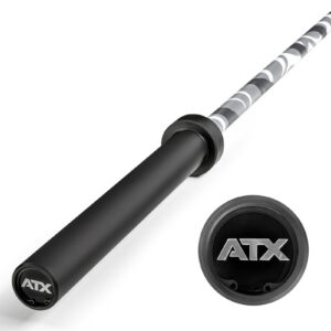 A close-up of the ATX® Olympic Camo Power Bar showcases its black and gray camo-patterned shaft, with the endcap displaying the bold ATX logo.