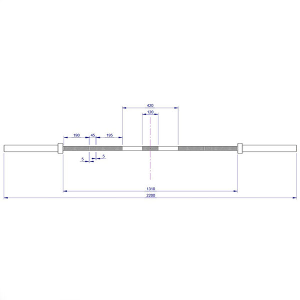 Diagram of the ATX® Olympic Camo Power Bar with detailed measurements: total length 2200 mm, including a 1310 mm middle grip area and multiple smaller segments marked for specific dimensions.