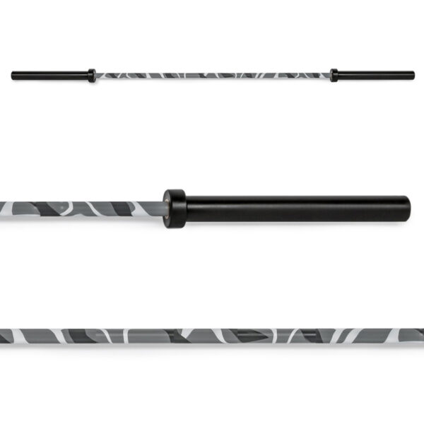 The ATX® Olympic Camo Power Bar is displayed from various angles, showcasing its sleek design. It features a black grip section and a unique camo pattern in gray and white for weightlifting exercises.