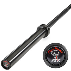 Close-up of a black ATX® Olympic Black Mamba Power Bar with a snake logo on the end cap. The bar has a sleek, durable finish with a detailed view of the logo included.