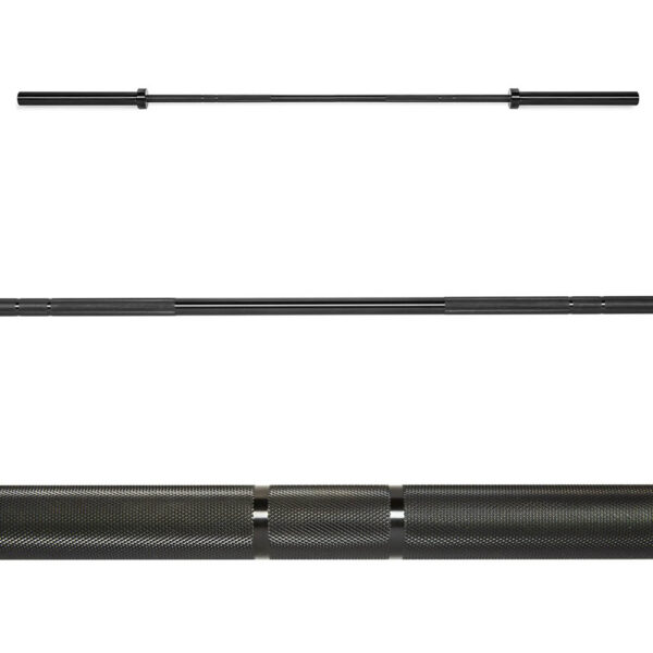 Close-up and full views of the ATX® Olympic Black Mamba Power Bar, a black metal barbell with textured grips, on a white background.
