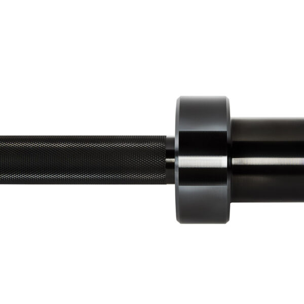 The ATX® Olympic Black Mamba Power Bar is displayed horizontally against a white background, featuring its sleek black finish, textured knurling, and polished ends.