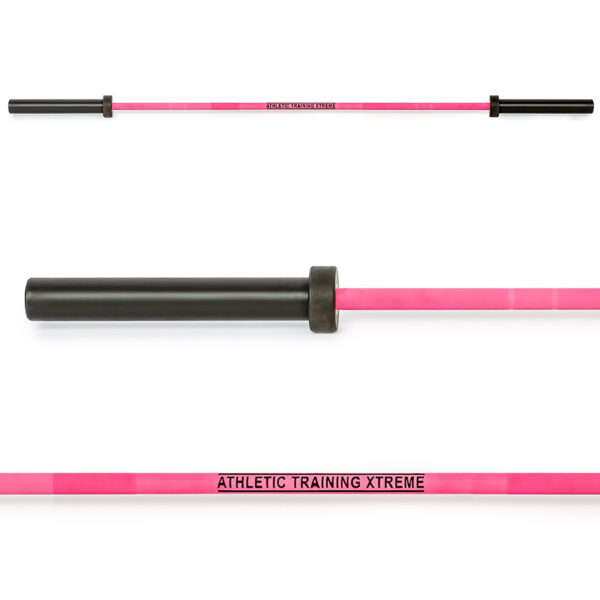 The ATX® Womens PINK 15kg Bar is displayed in pink and black from multiple angles, showcasing its sleek design ideal for strength training.