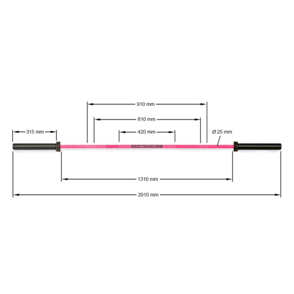 A diagram shows the ATX® Womens PINK 15kg Bar, total length 2010 mm, diameter 25 mm. Segments of 910 mm, 810 mm, 420 mm, and 315 mm are illustrated with the center section highlighted in pink.