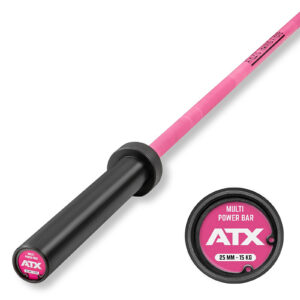 The ATX® Womens PINK 15kg Bar is an ATX barbell with a black grip, featuring a 25 mm diameter. The end cap shows the ATX logo and specifications.