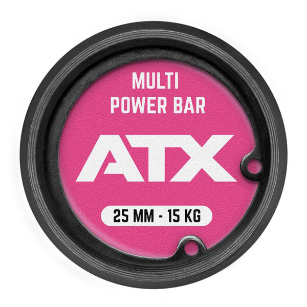 A round, pink ATX Womens 15kg multi power bar end cap features the text MULTI POWER BAR at the top and 25 MM - 15 KG at the bottom.