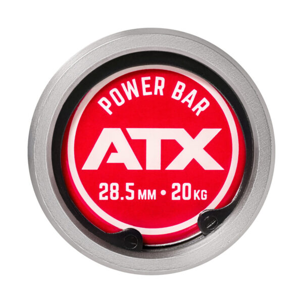 Image of a round metal weight plate with a red center, labeled 20 kg, designed for use with the ATX® Olympic Power Barbell featuring center knurling to ensure a secure grip during intense workouts.