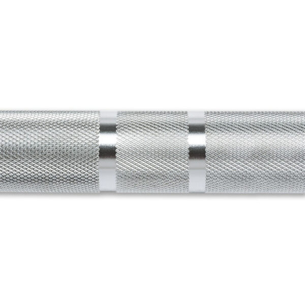 Close-up of the ATX® Olympic Power Barbell with Centre Knurling, showcasing its shiny silver finish and detailed textured grip. The bar features an intricate knurled pattern for enhanced handling.