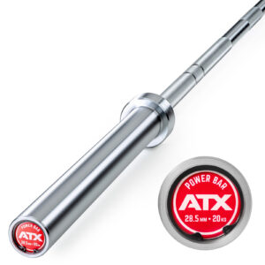 A metallic ATX® Olympic Power Barbell with centre knurling and a silver finish features an end cap displaying ATX Power Bar, 28.5 mm, 20 kg on a red background, including a close-up inset of the end cap design.
