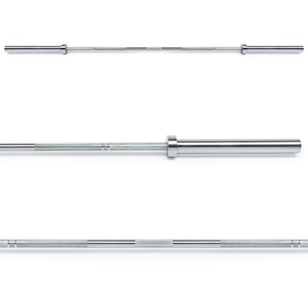 Three views of the ATX® Olympic Power Barbell with Centre Knurling on a white background: top view of the entire bar, close-up showing grip texture, and side view highlighting the bars length and ends.
