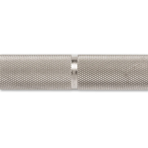 Close-up of the ATX® Competition Powerlifting Barbell featuring a silver textured bar with detailed knurling and a smooth central ring, highlighted against a white background.