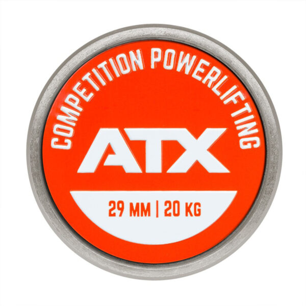 The ATX® Competition Powerlifting Barbell features a round orange and white logo with a barbell design, showcasing 29 mm | 20 kg on a sleek metallic backdrop.